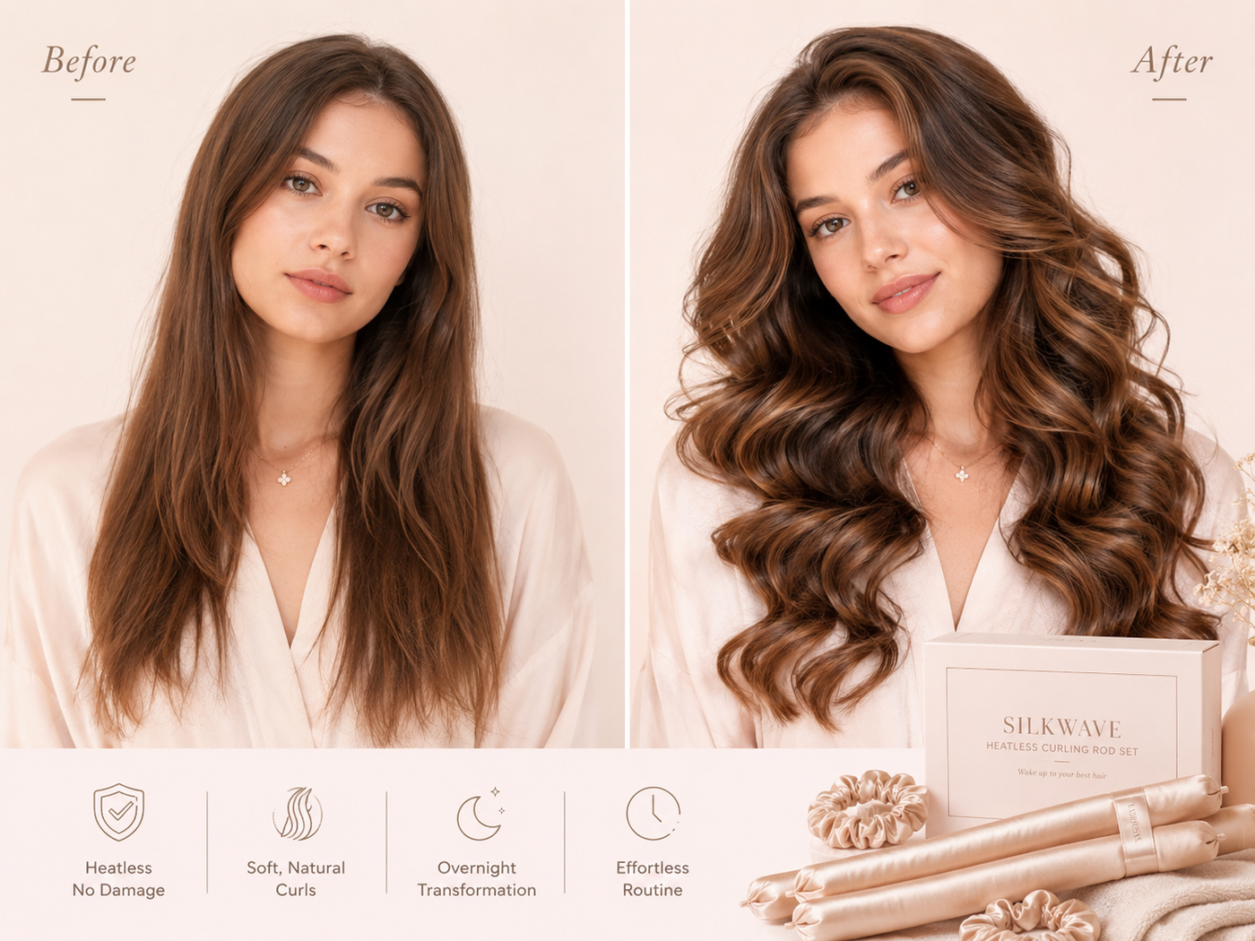 Before and after heatless curls result